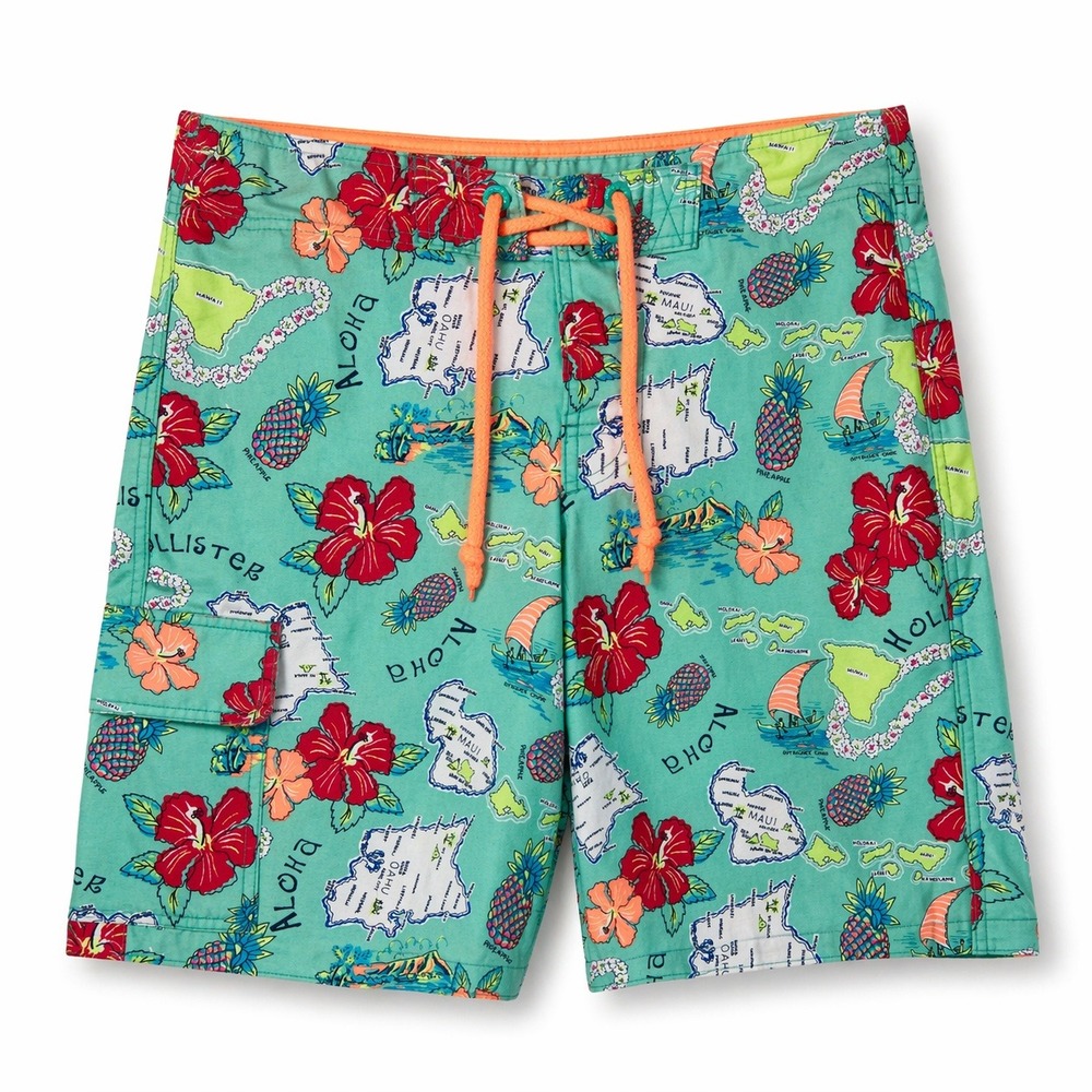Hollister Board Shorts Mens Size M Hawaiian Map Tropical Swim Beach Surf Pool